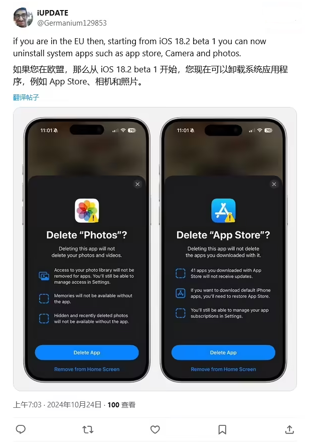 磁县苹果手机维修分享iOS 18.2 支持删除 App Store 应用商店 