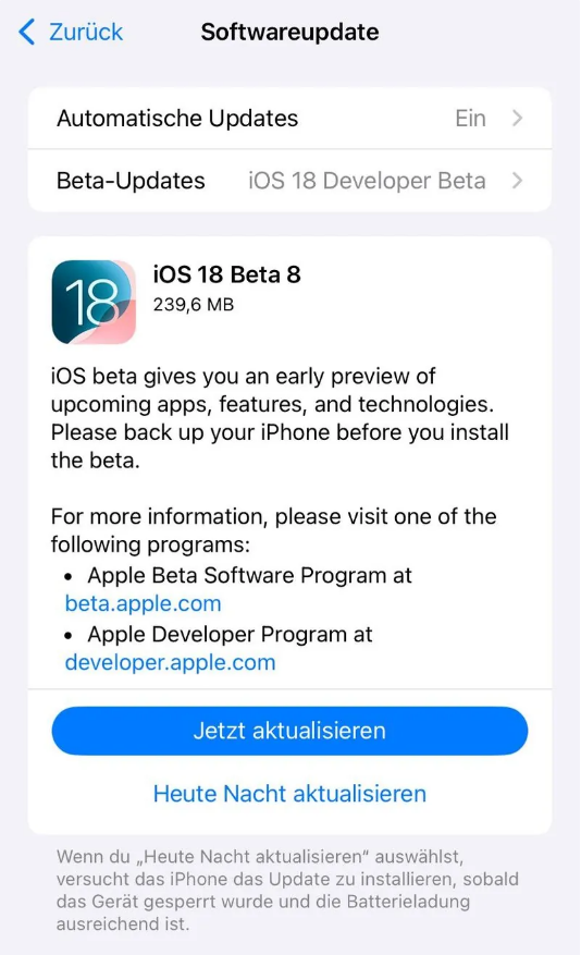 磁县苹果手机维修分享苹果 iOS / iPadOS 18 开发者预览版 Beta 8 发布 